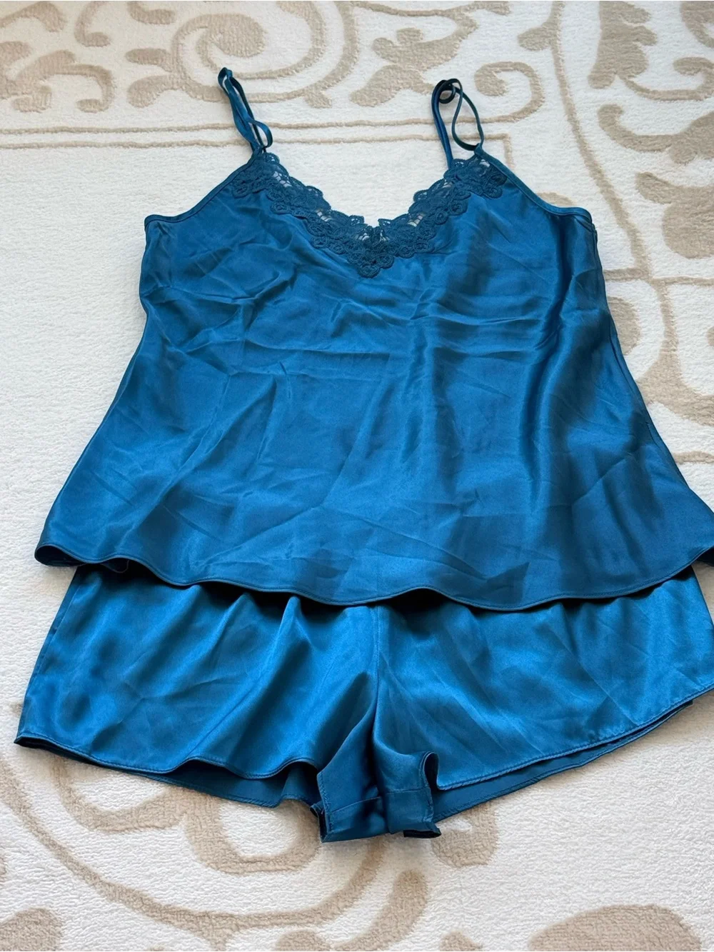 Linea Donatella Teal Lace-Trim Satin Cami & Short Set